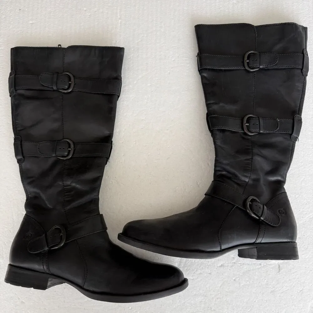 Size 8M - Born Falmouth Tall Women's Black Leather Plaid Lined Western Boot